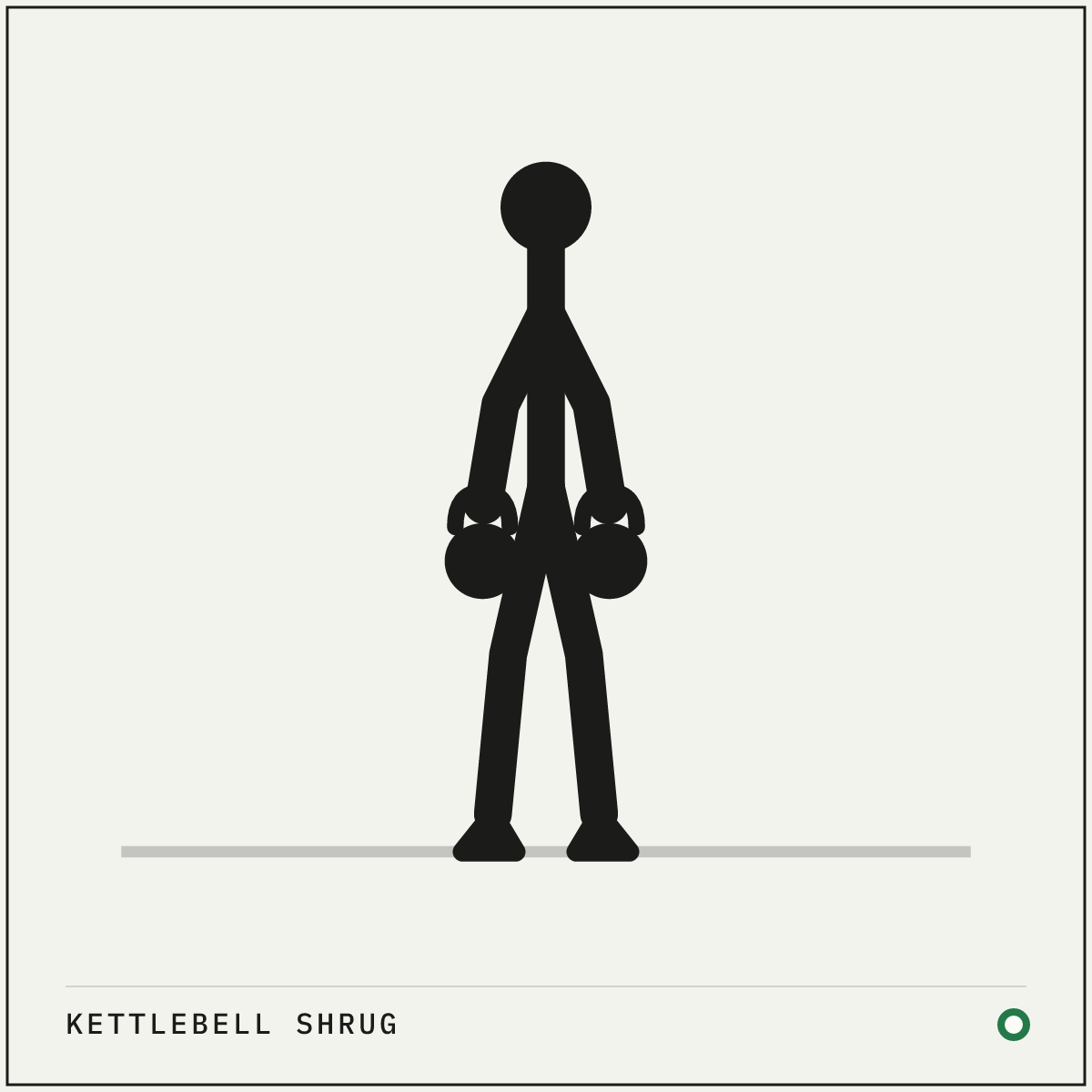 Kettlebell shrug demonstration figure: Stand tall with a kettlebell hanging from each hand at your sides, palms facing your thighs.