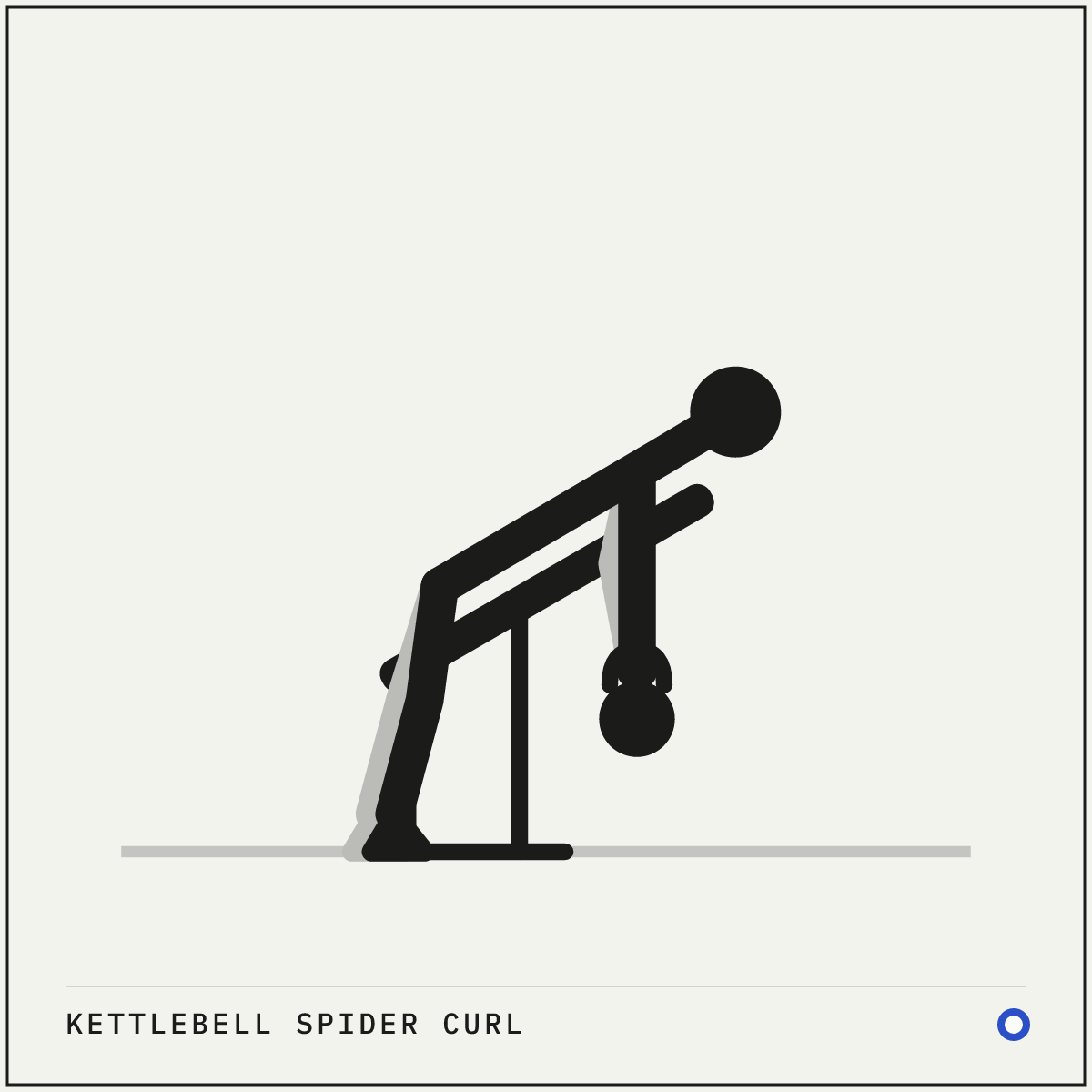 Kettlebell spider curl demonstration figure: Set a bench to about 45° and lie face down along it with your chest on the pad.