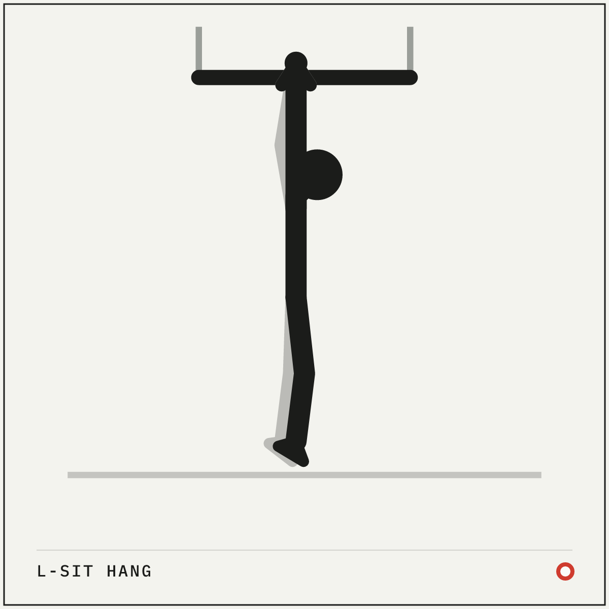 L-sit hang demonstration figure: Grip the bar with your palms facing away, hands about shoulder-width apart.