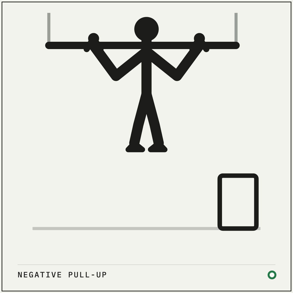 Negative pull-up demonstration figure: Use a box or a bench, or jump, to start at the top of a pull-up with your chin over the bar.