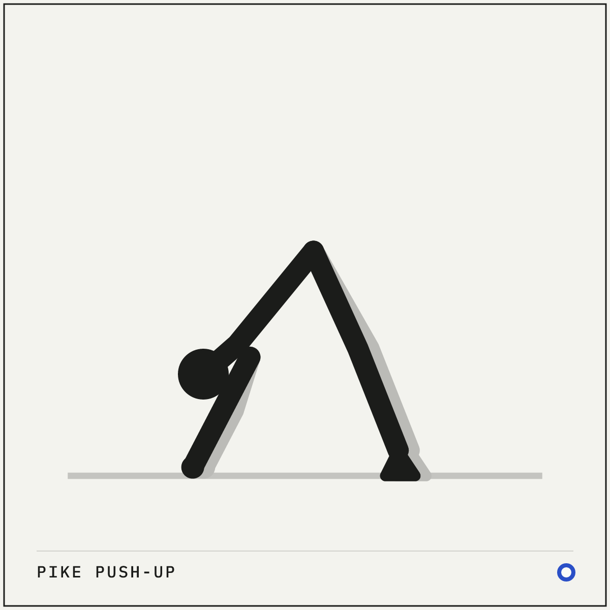 Pike push-up demonstration figure: From a push-up position, walk your feet toward your hands until your hips point at the ceiling.