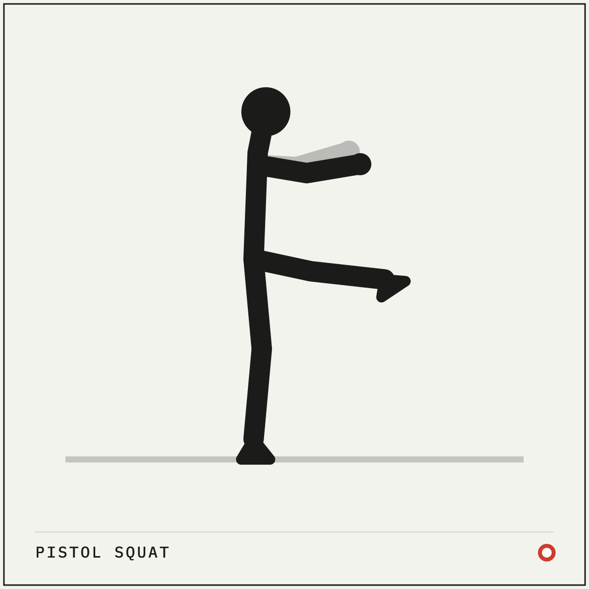 Pistol squat demonstration figure: Stand on one leg with the other leg held straight out in front, heel off the floor.