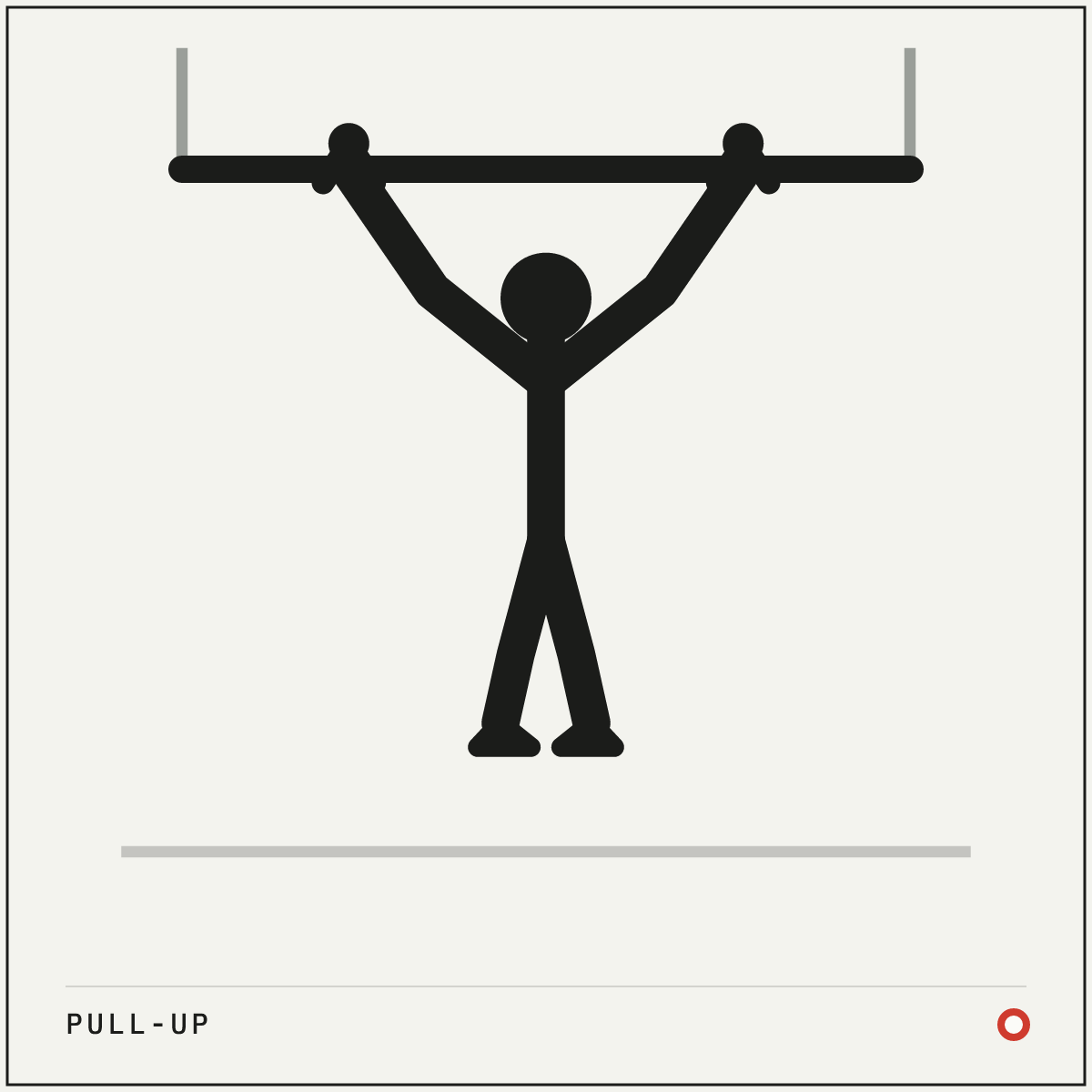 Pull-up demonstration figure: Grip the bar with your palms facing away, slightly wider than your shoulders, thumbs wrapped around.
