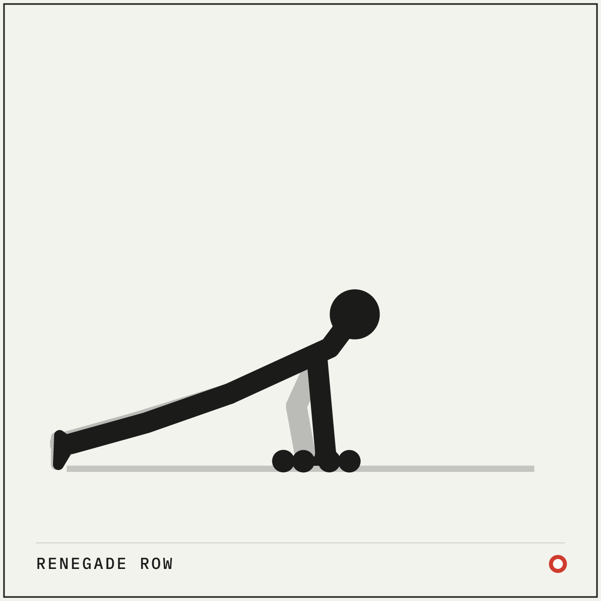 Renegade row demonstration figure: Set two hexagonal dumbbells about shoulder-width apart on the floor. Round ones will roll.