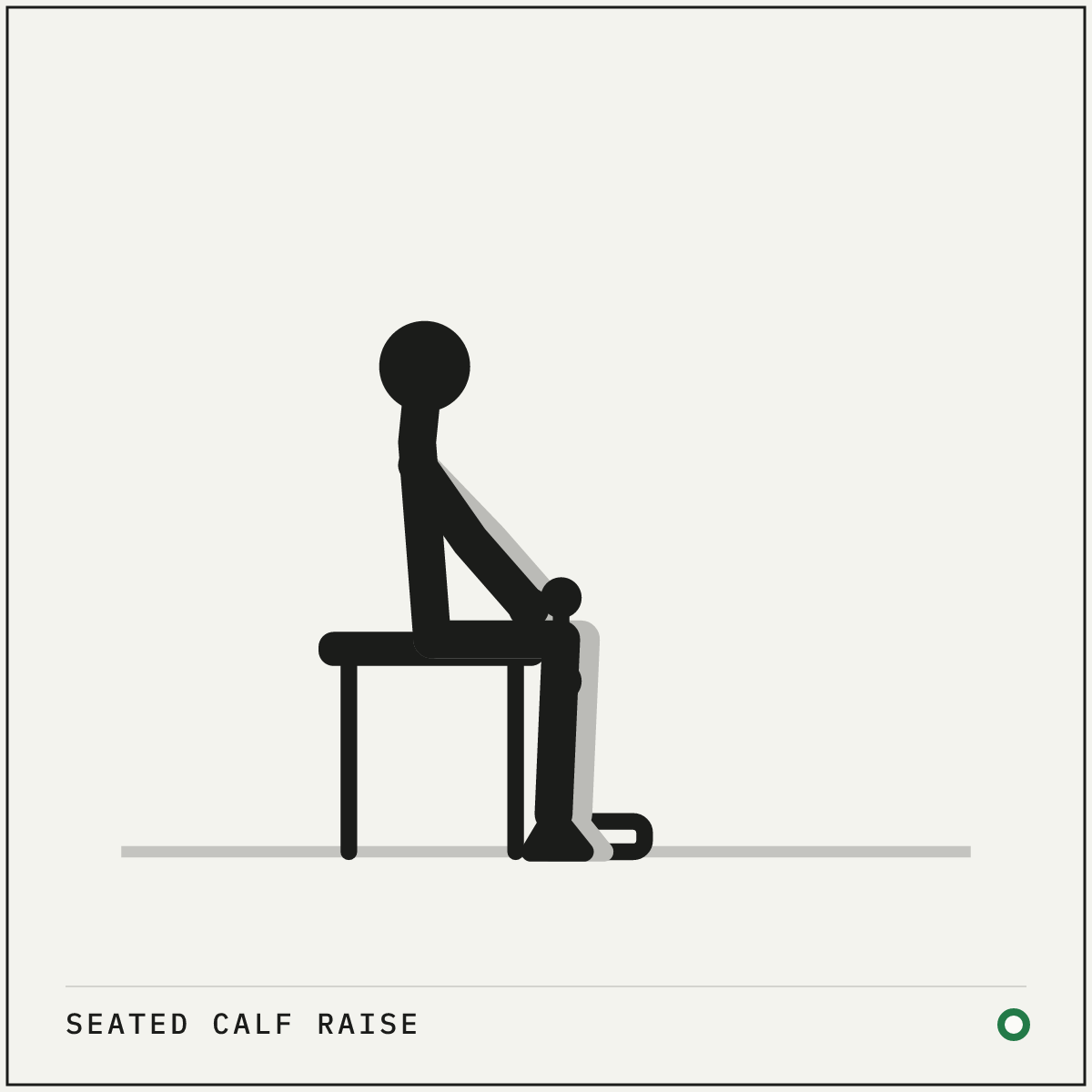 Seated calf raise demonstration figure: Sit on the edge of a bench with the balls of your feet on a small step or plate.
