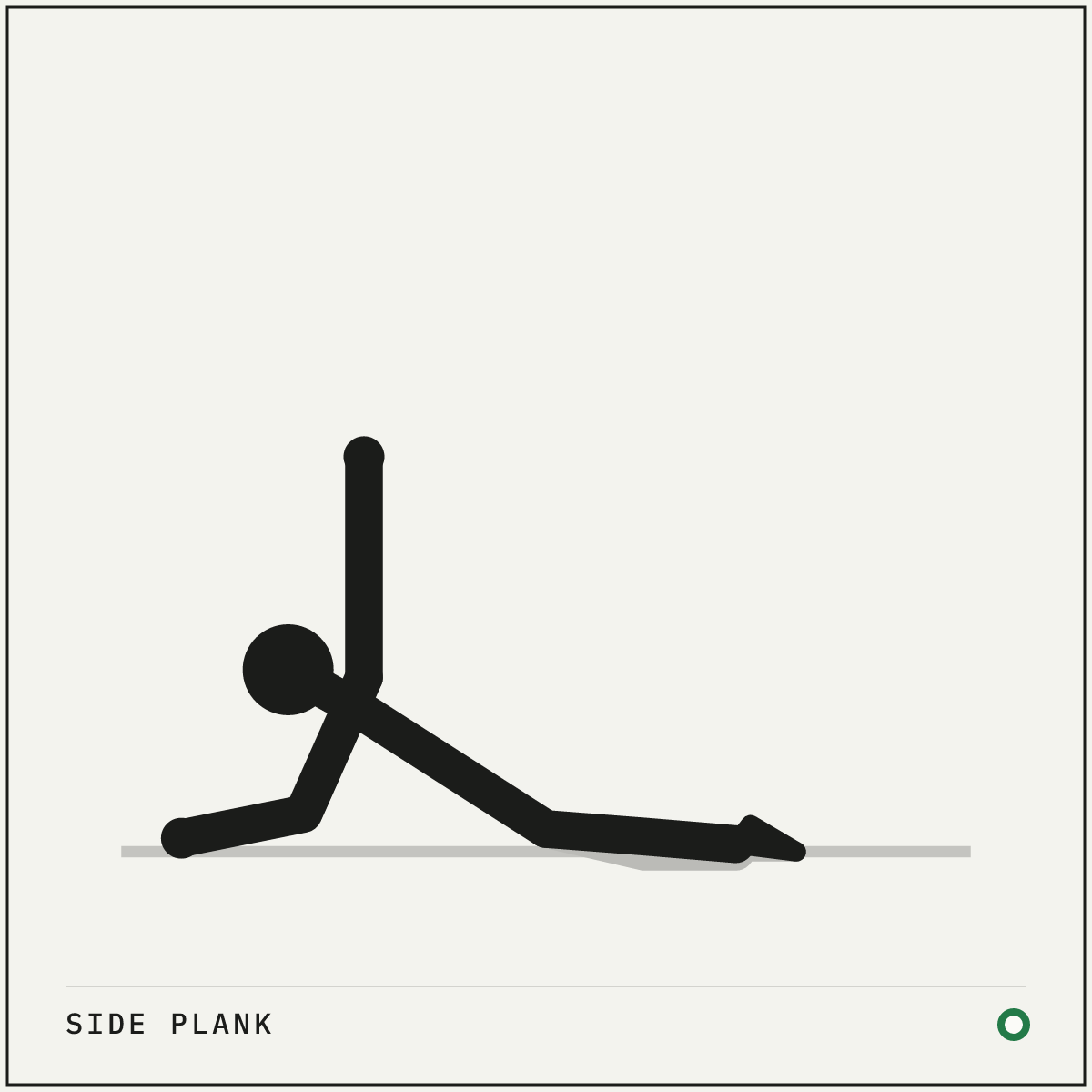 Side plank demonstration figure: Lie on your side with your elbow under your shoulder and your forearm flat on the floor.