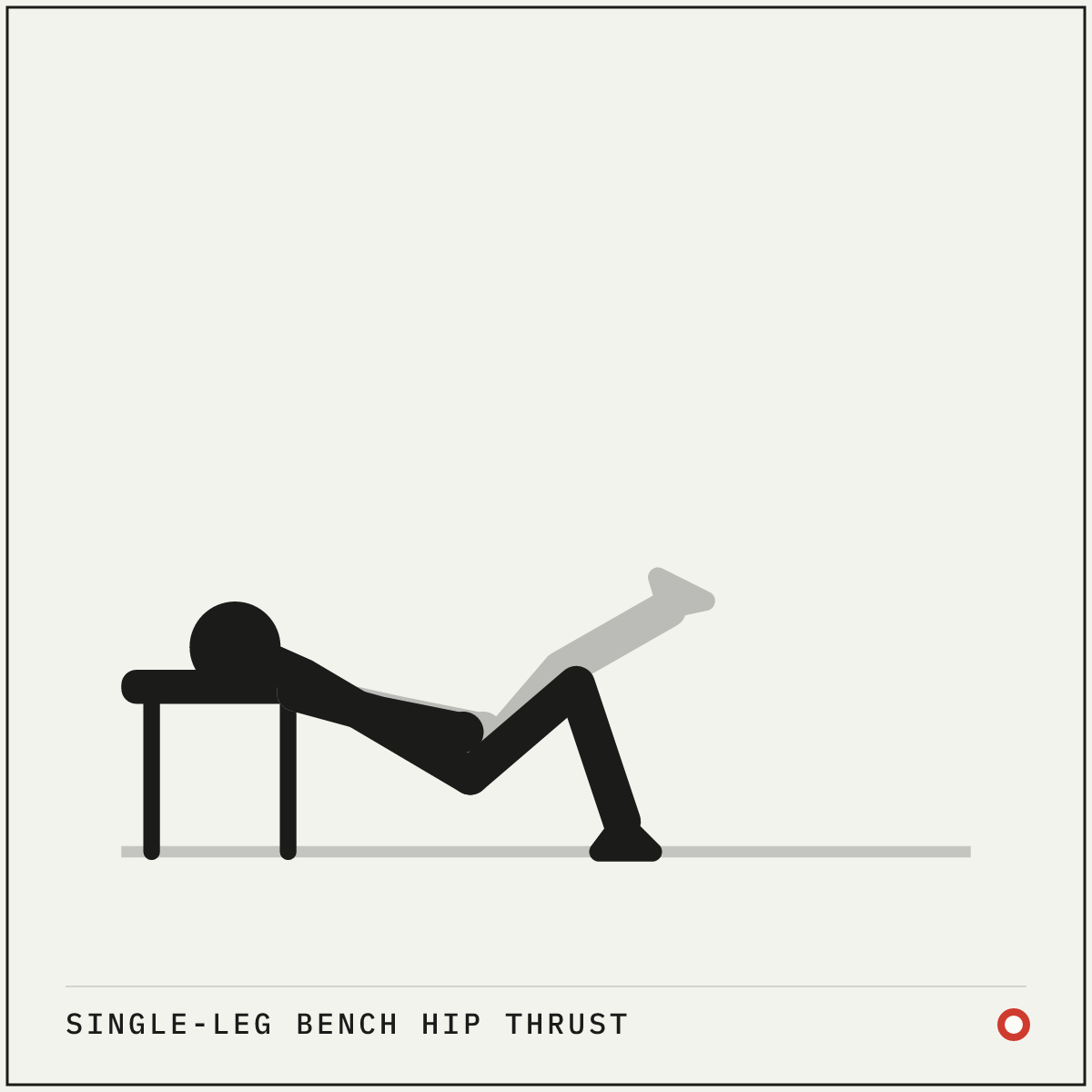 Single-leg bench hip thrust demonstration figure: Sit on the floor with your upper back against the edge of a sturdy bench, one foot planted flat and the other leg held straight out in front of you.