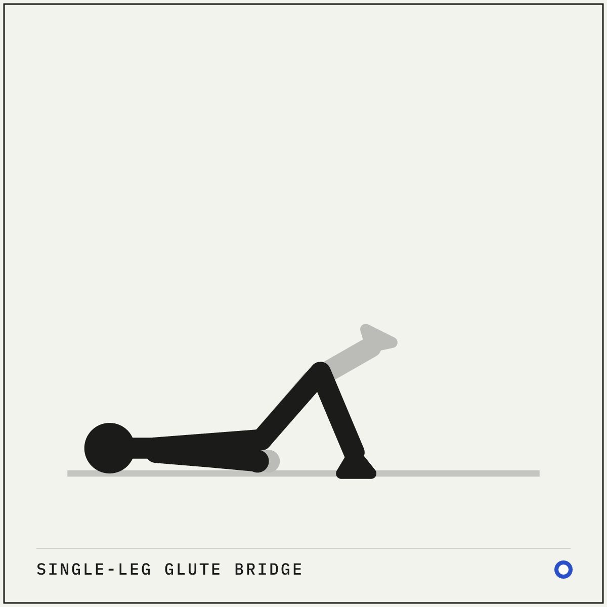 Single-leg glute bridge demonstration figure: Set up as you would for a glute bridge, then straighten one leg so both thighs stay level with each other.