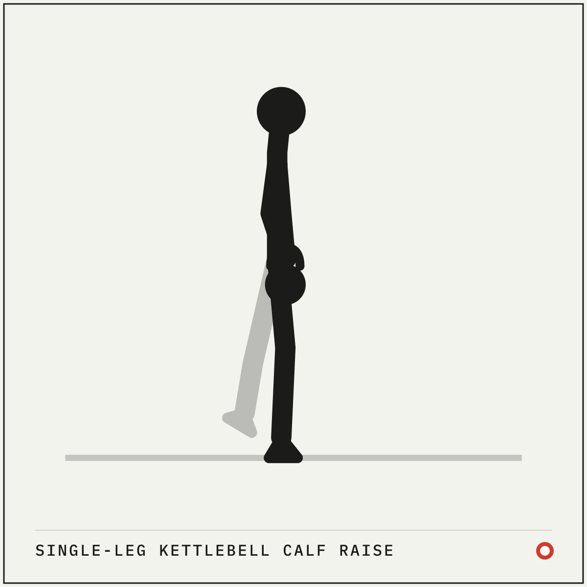 Single-leg kettlebell calf raise demonstration figure: Stand on one foot with the other hooked lightly behind the working ankle, holding a kettlebell in the hand on the working side.
