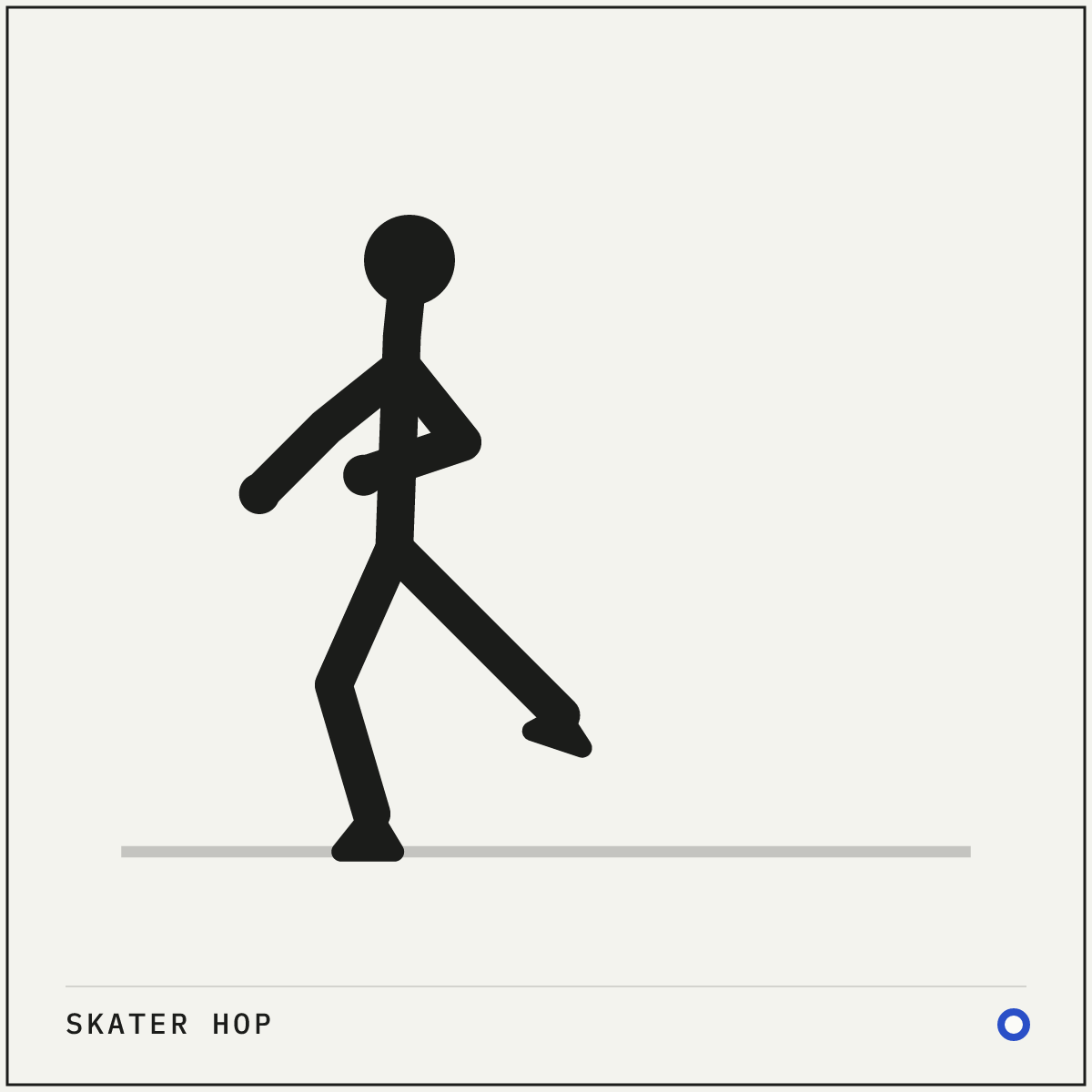 Skater hop demonstration figure: Stand on one leg with a soft knee and enough clear floor to bound sideways.