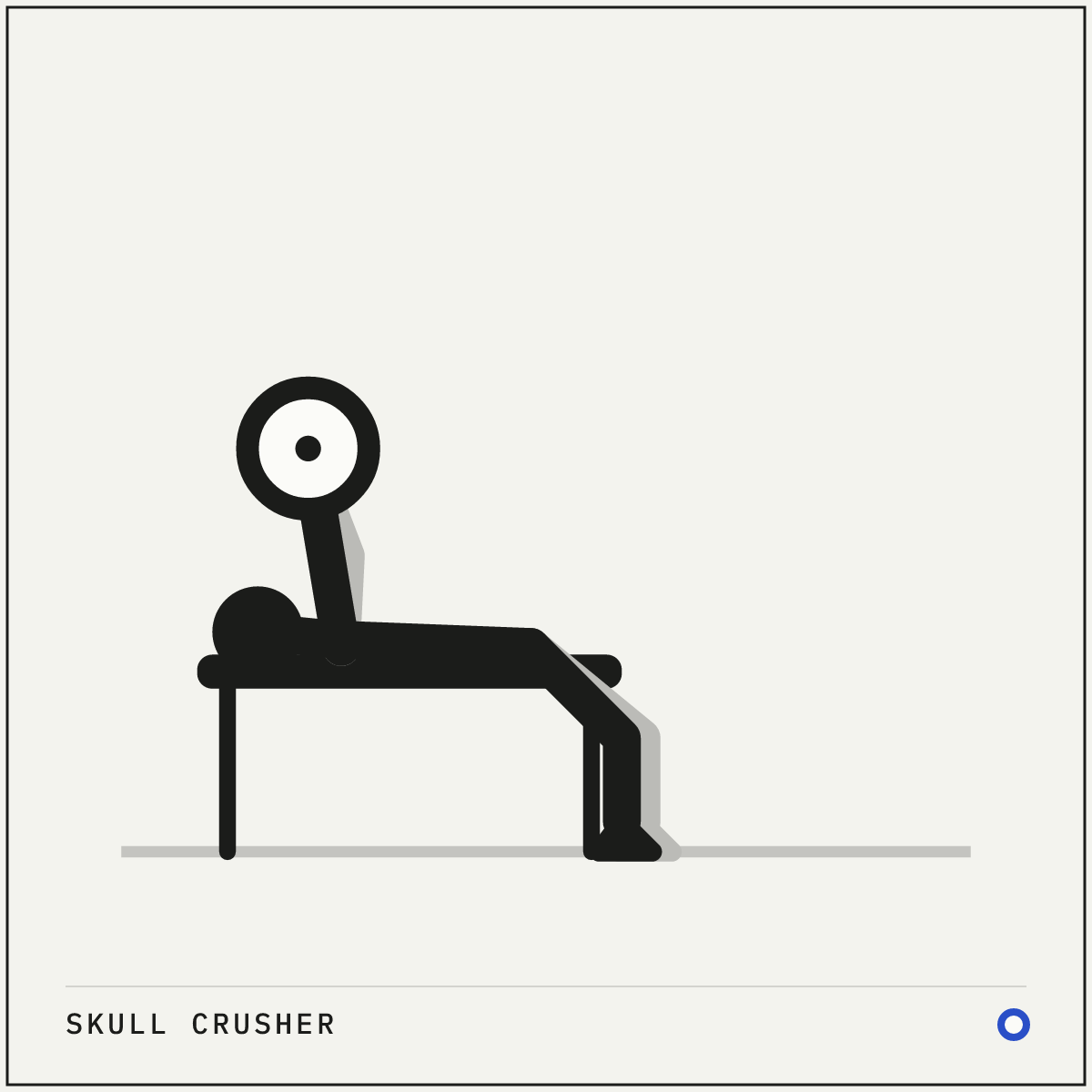 Skull crusher demonstration figure: Lie on the bench holding the bar over your shoulders with a grip a little inside shoulder width.