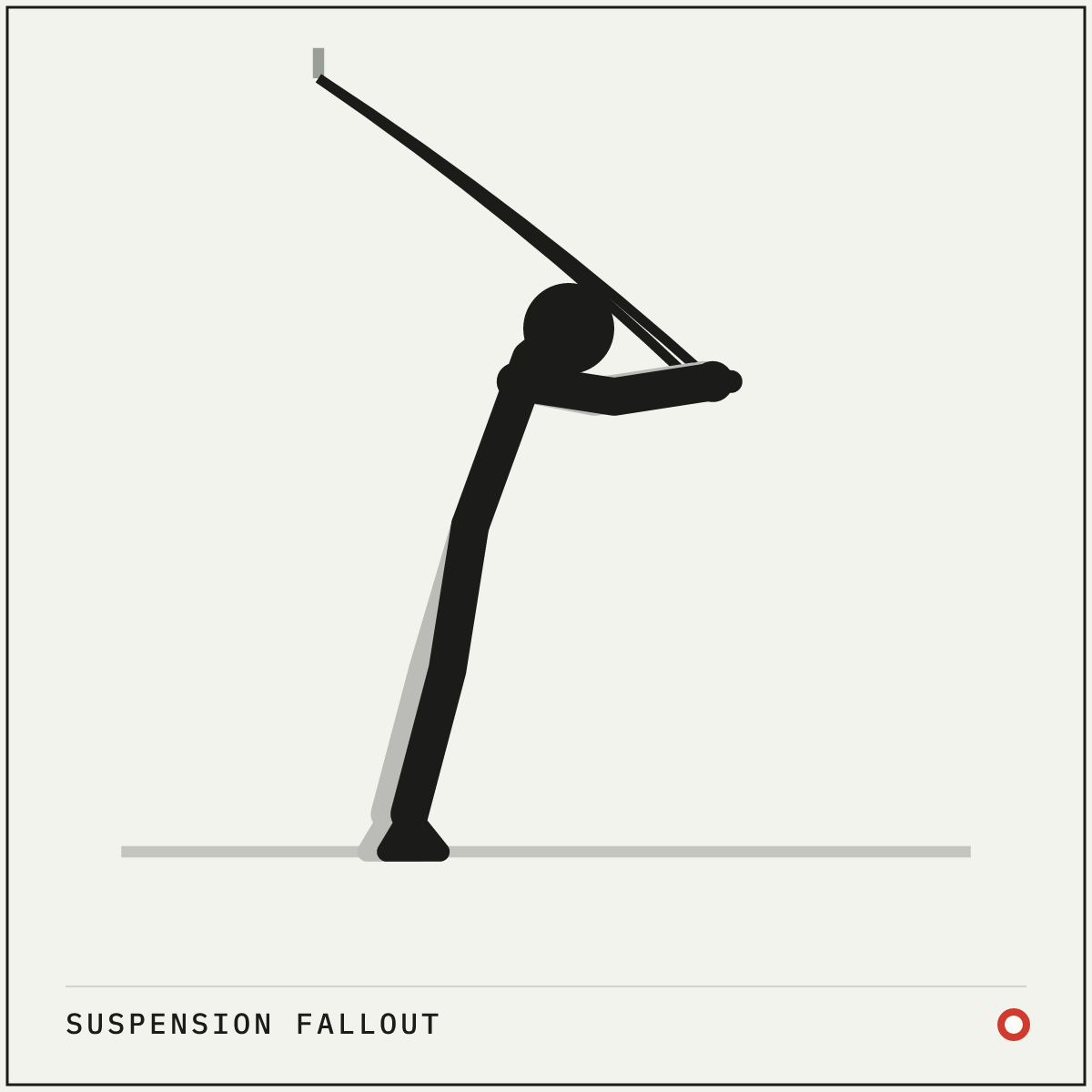 Suspension fallout demonstration figure: Face away from the anchor holding a handle in each hand, arms straight ahead at chest height.