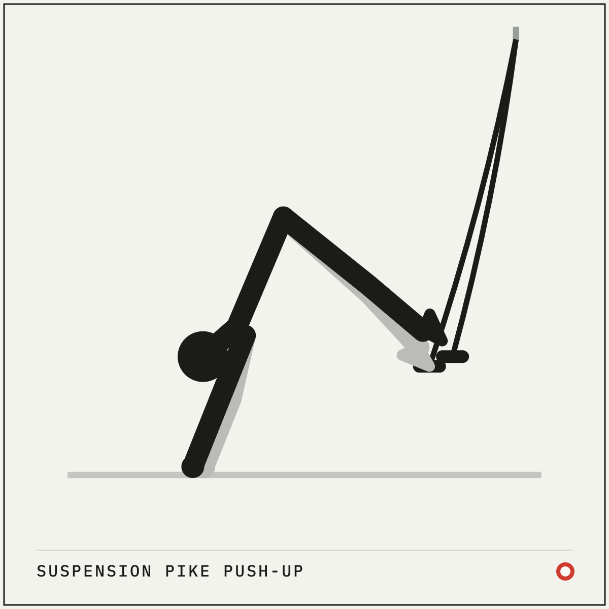 Suspension pike push-up demonstration figure: Adjust the suspension trainer straps so the cradles hang about a foot off the floor.