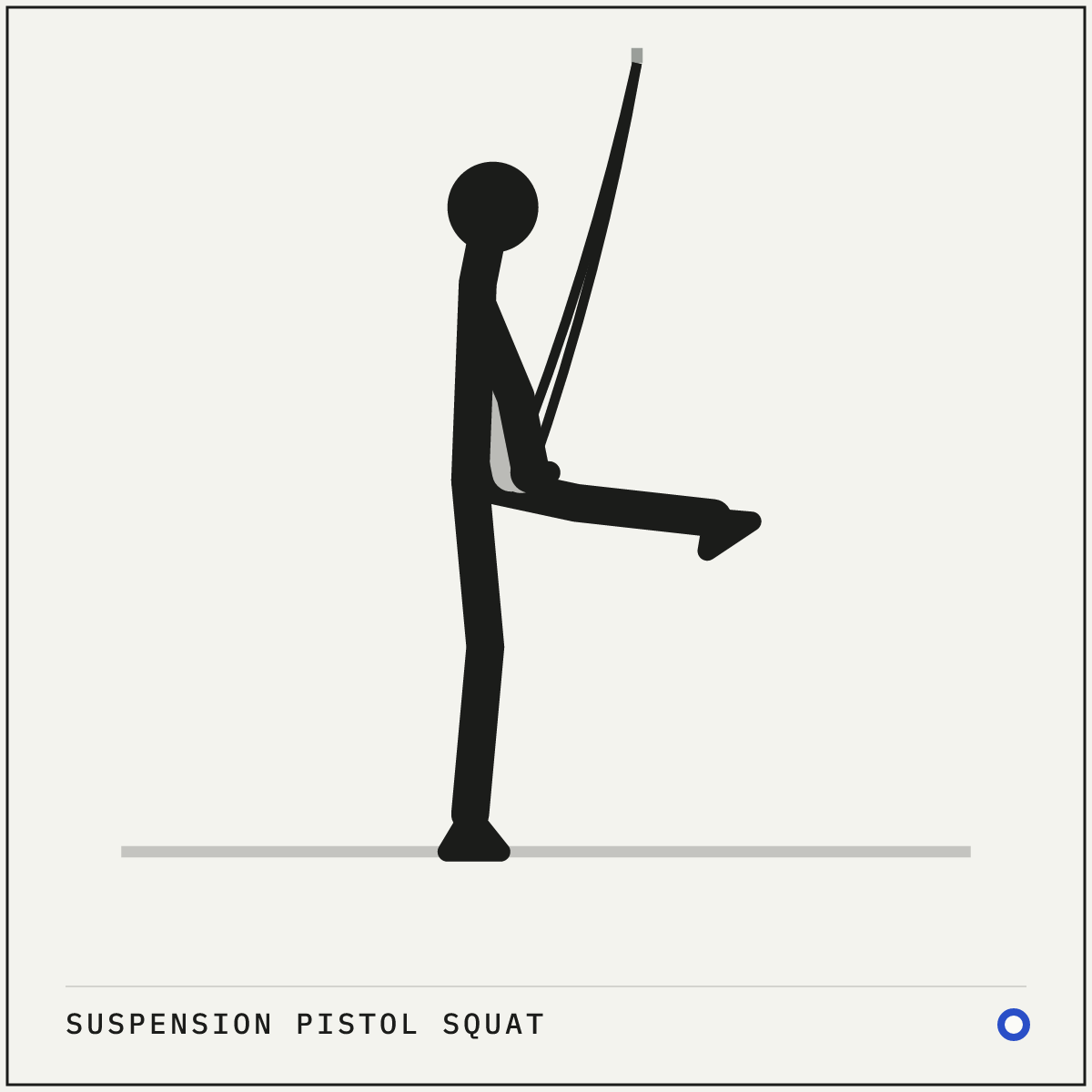 Suspension pistol squat demonstration figure: Hold the suspension straps at chest height and stand on one leg, the other leg held out in front with the heel off the floor.