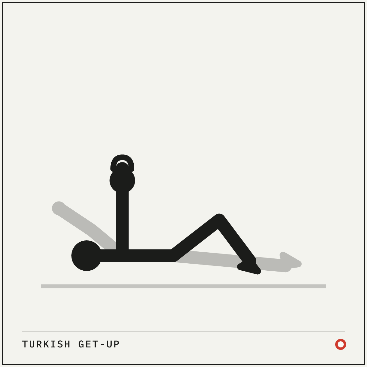 Turkish get-up demonstration figure: Lie on your back and press the bell up with one arm, elbow locked and wrist straight.