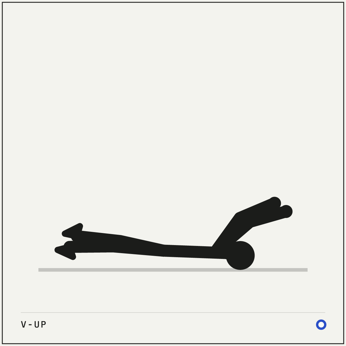 V-up demonstration figure: Lie on your back with your legs straight and your arms reaching overhead on the floor.