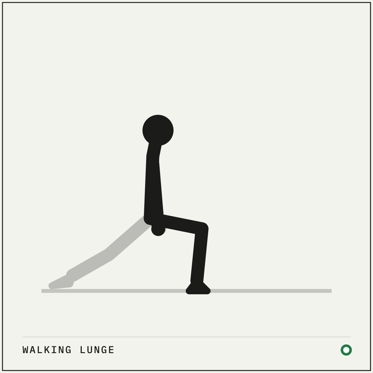 Walking lunge demonstration figure: Stand tall with your feet hip-width apart and enough clear floor to take several steps.